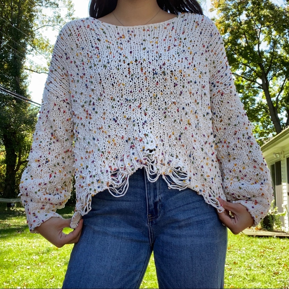 Ivory Confetti Distressed Sweater- Rainbow